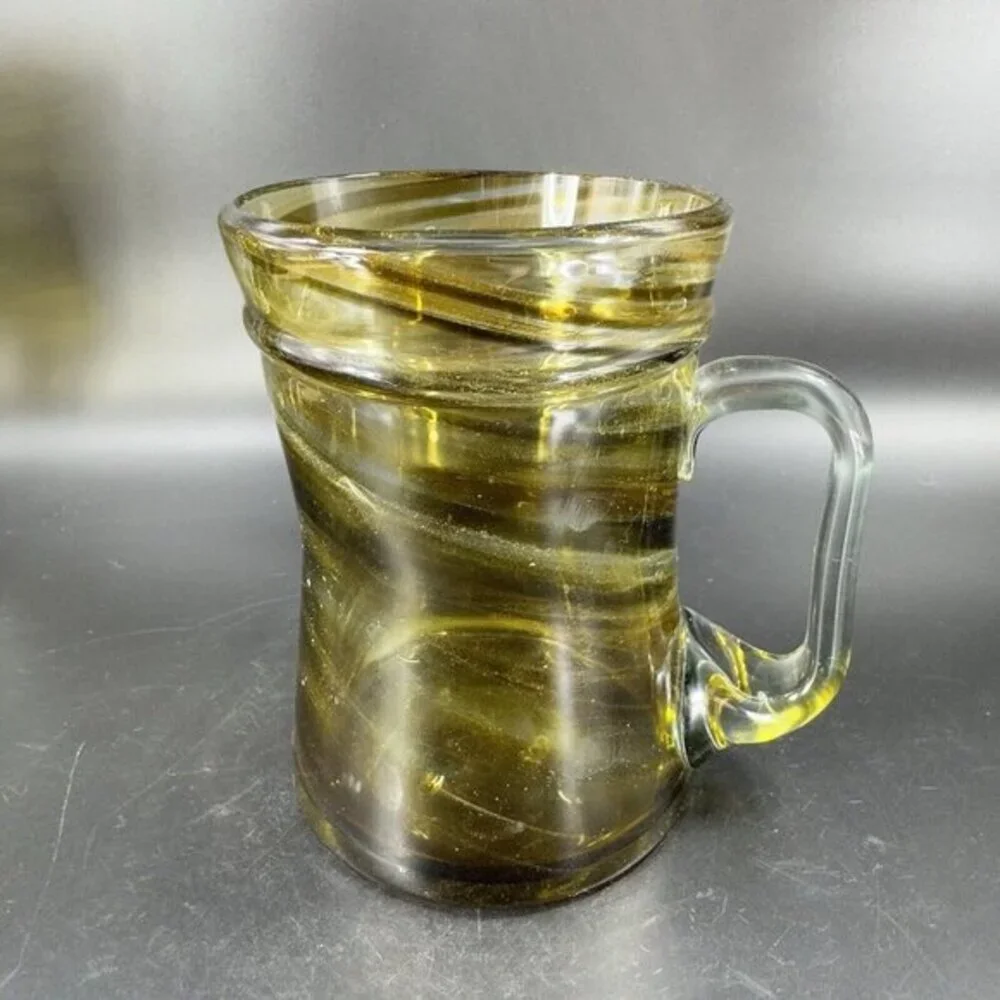 Hand Made Art Glass Mug Cup With‎ Applied Clear Handle Green Black Swirls Lines